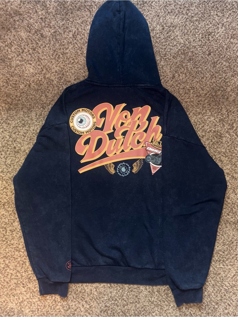 Von Dutch Navy Hoodie Jacket with Orange and Cream Graphic
